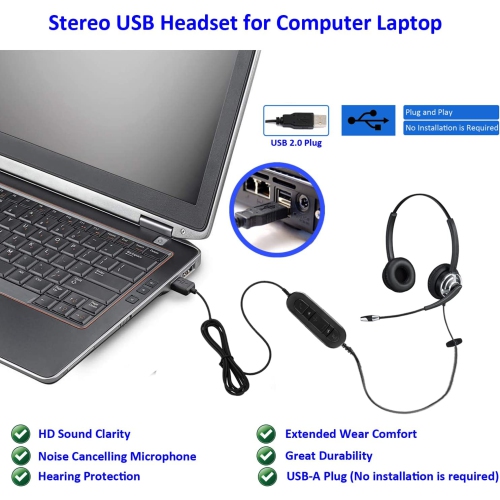 USB Telephone Headset with Microphone Noise Cancelling for PC Corded Computer Headset Dual Ear for UC Softphones Dragon Dictation Headphone