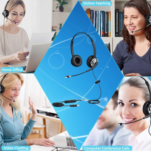 USB Telephone Headset with Microphone Noise Cancelling for PC Corded Computer Headset Dual Ear for UC Softphones Dragon Dictation Headphone