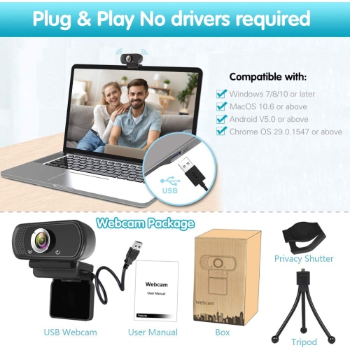 1080P Webcam,Live Streaming Web Camera with Stereo Microphone, Desktop or Laptop USB Webcam with 110 Degree View Angle, HD N5 Webcam for Video