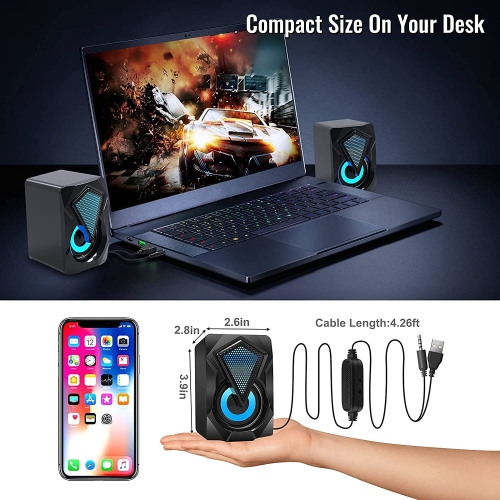Computer Speakers,Wired PC Speaker 2.0 USB Gaming Powered Stereo Mini Multimedia Volume Control with RGB Lights 3.5mm Aux Input for Phone Tablets