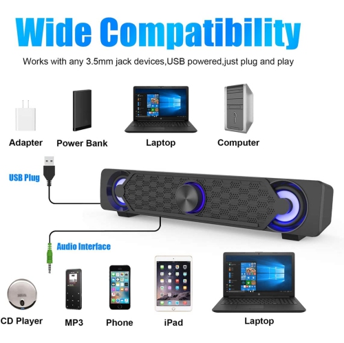 PC Speakers, Computer Gaming Speaker Cool Led/Volume Control Powered by USB, Stereo PC Laptop Desktop Loudspeaker