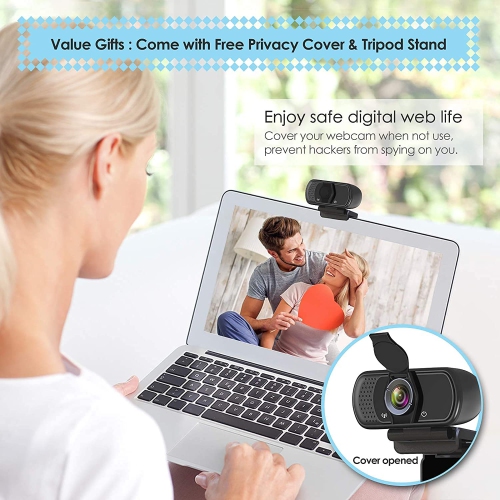 Webcam HD 1080p Web Camera, USB PC Computer Webcam with Microphone, Laptop Desktop Full HD Camera Video Webcam 110 Degree Widescreen, Pro Streaming