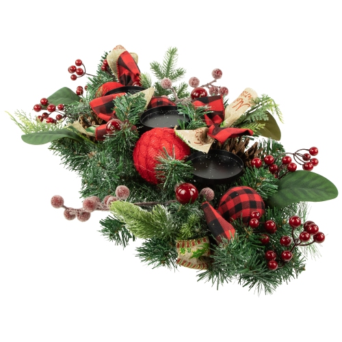 Porte-bougie triple avec boucles à carreaux et ornements de Noël, pin et baies, 30 po