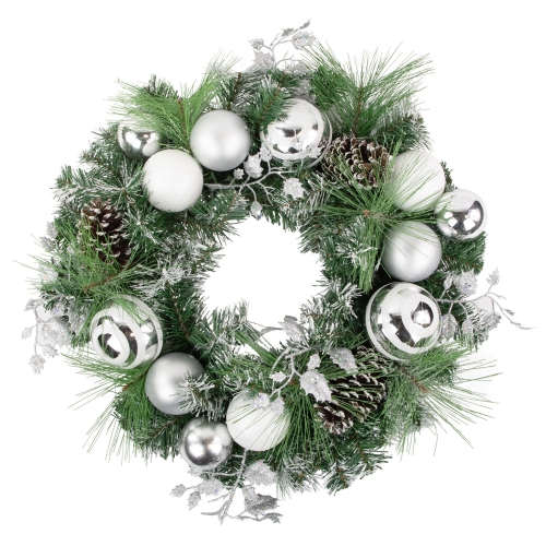 NORTHLIGHT  Pine Needle Wreath With Pinecones And Christmas Ornaments, 24-Inch, Unlit In Green