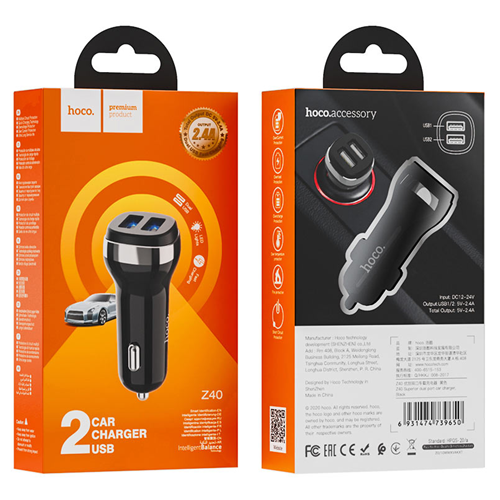 Chargeur pour l’auto à deux ports supérieur 2,4 a Z40 de Hoco - Noir