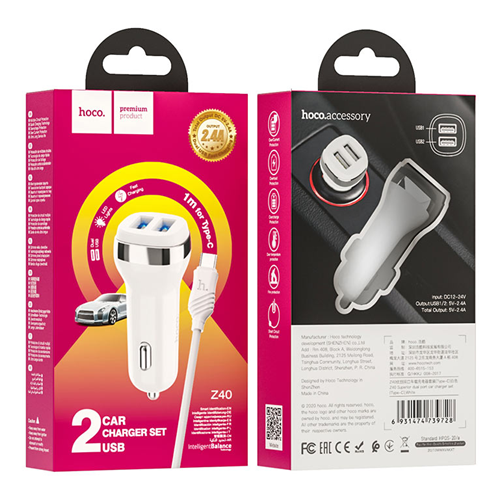 Double port USB AVEC câble de 1 m Z40 de Hoco pour port de type C blanc