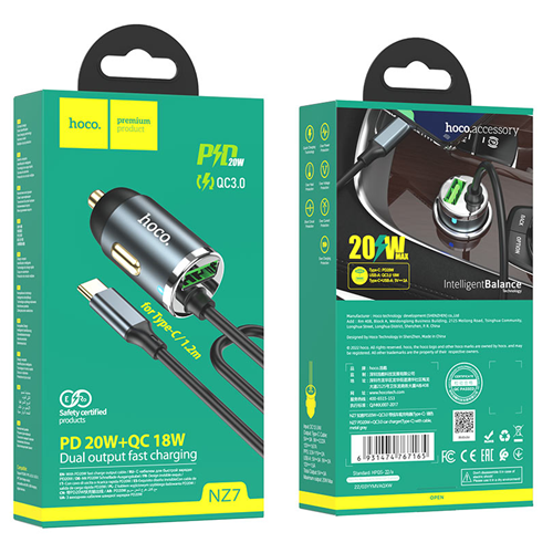 Chargeur pour l’auto double sortie PD20W+QC3.0 NZ7 de Hoco pour câble de type C de 1,2 m en métal gris