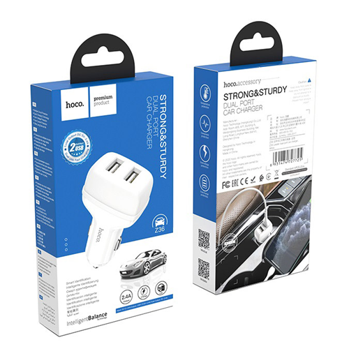 Chargeur pour l’auto simple à deux ports USB Z36 leader 2,4 a blanc de Hoco