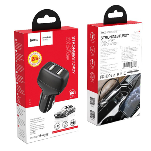 Chargeur pour l’auto simple à deux ports USB Z36 leader de Hoco, 2,4 a, noir