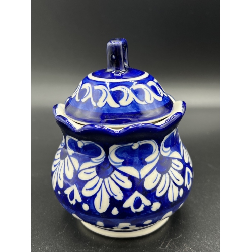 ApexGlobal Blue Pottery Sugar Pot. Handcrafted Ceramic Small Decorative Condiment Holder. 10 cm x 9 cm. Unique Gift Idea. Home Décor