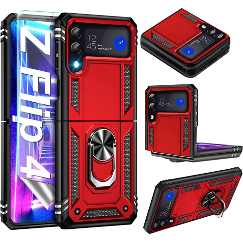 【CSmart】 Anti-Drop Hybrid Magnetic Hard Kickstand Case Cover with Ring Holder for Samsung Galaxy Z Flip 4 5G 2022, Red