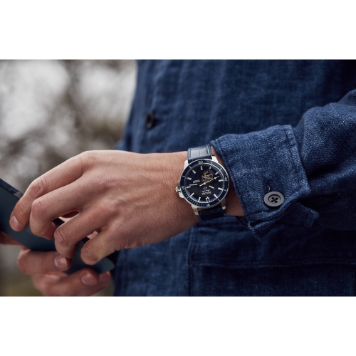 Bulova Mens Marine Star Automatic Watch 45mm Silver-Tone Stainless Steel Case Blue Leather and Silicone Strap with Blue Dial