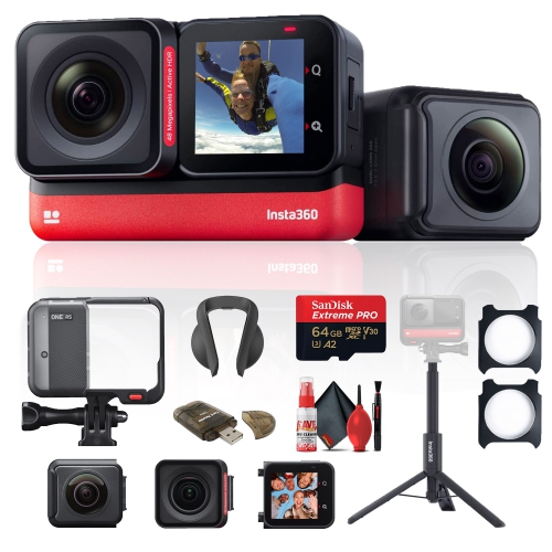 Lot avec ONE RS Twin Edition d’Insta360, perche à égoportrait, protège-objectif et carte de démarrage de 64 Go