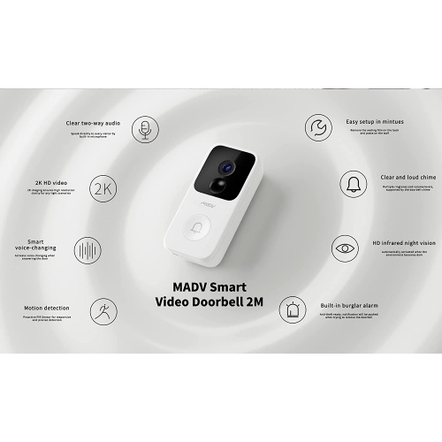 MADV Smart Wireless Video Doorbells 2M, 2K Video, Smart Voice-Changing, HD Infrared Night Vision, Clear Two Way Audio, Easy Setup, Security Camera