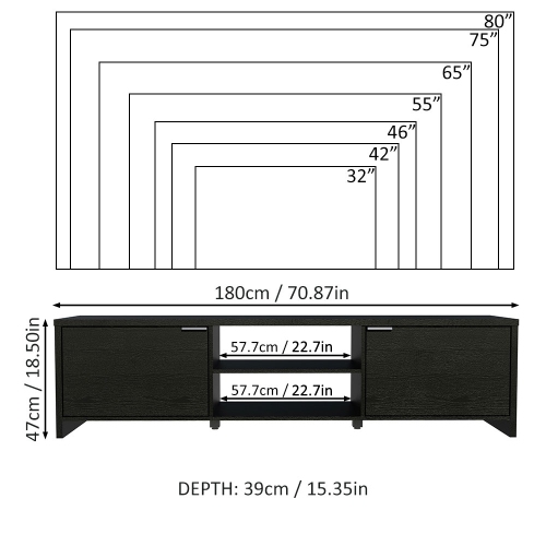 Meuble pour téléviseur MADESA avec espace de rangement et gestion des câbles, pour téléviseurs de 75 po et moins, bois, 19 po H x 15 po P x 71 po l -