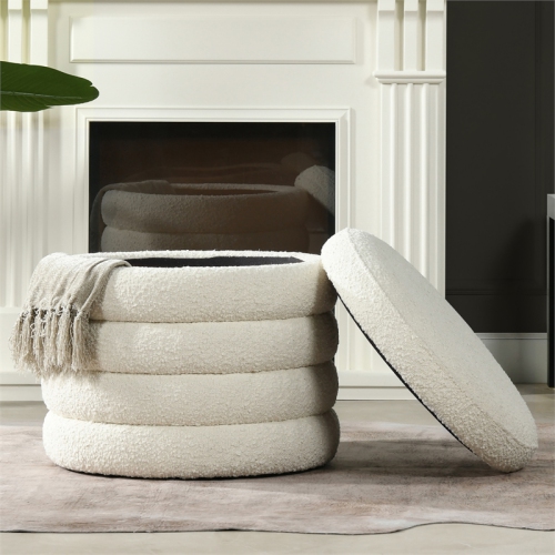 Fuji 22" Upholstered Boucle Round Storage Ottoman Ivory White