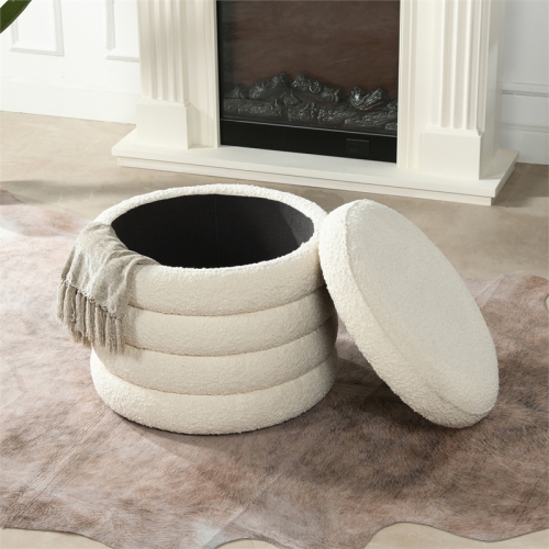 Fuji 22" Upholstered Boucle Round Storage Ottoman Ivory White