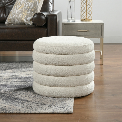 Fuji 22" Upholstered Boucle Round Storage Ottoman Ivory White