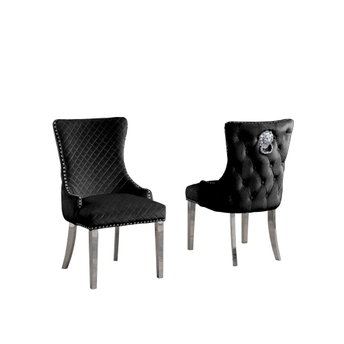 Royal Velvet Dining Chairs - Black, Lion Back Knocker, Button Tufted Upholstered Silver Legs and Finish