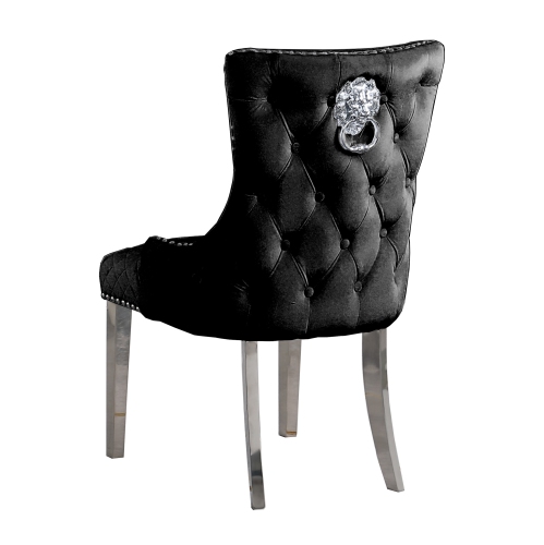 Royal Velvet Dining Chairs - Black, Lion Back Knocker, Button Tufted Upholstered Silver Legs and Finish