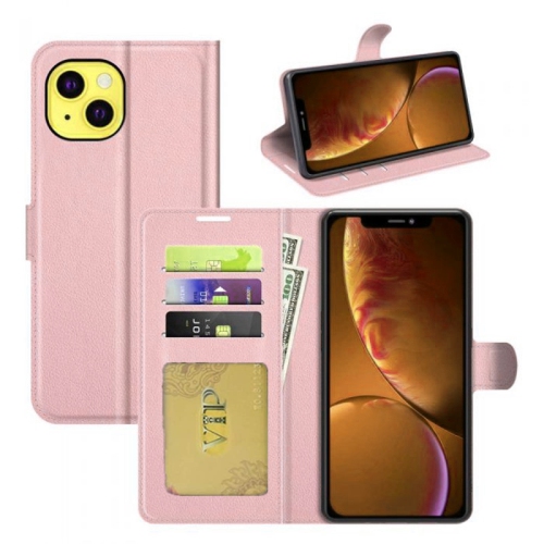 [CS] Étui folio portefeuille à rabat avec fente pour carte iPhone 15 plus/14 plus, rose doré