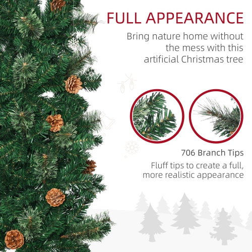 HOMCOM 7.5ft Pencil Artificial Christmas Tree, Xmas Tree with Thin Pine Needles and Realistic Branches, Pine Cones, Metal Base, Green