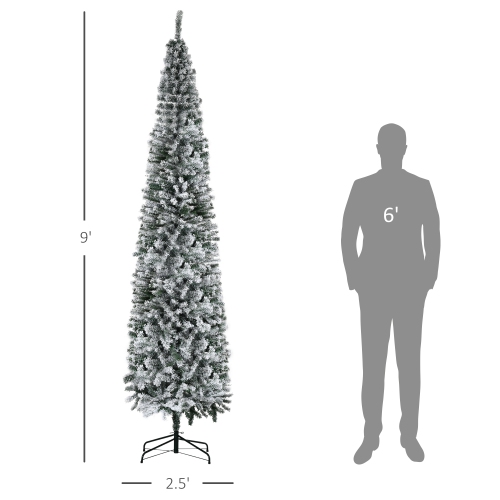 HOMCOM 9ft Snow Flocked Pencil Christmas Tree, Artificial Slim Xmas Tree with Realistic Branch Tips, Folding Metal Stand, Green