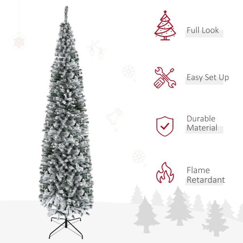 HOMCOM 9ft Snow Flocked Pencil Christmas Tree, Artificial Slim Xmas Tree with Realistic Branch Tips, Folding Metal Stand, Green