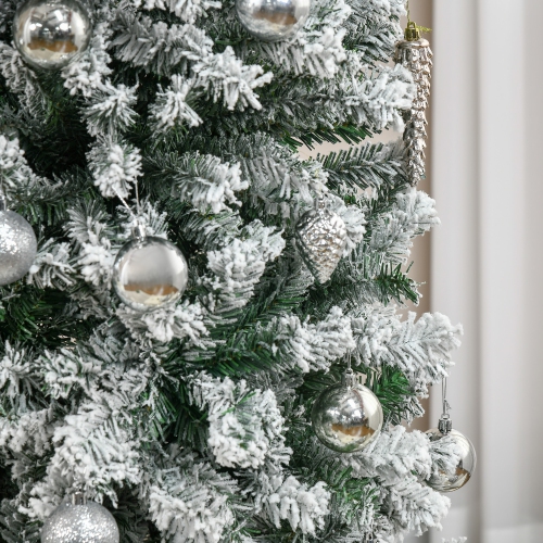 HOMCOM 9ft Snow Flocked Pencil Christmas Tree, Artificial Slim Xmas Tree with Realistic Branch Tips, Folding Metal Stand, Green