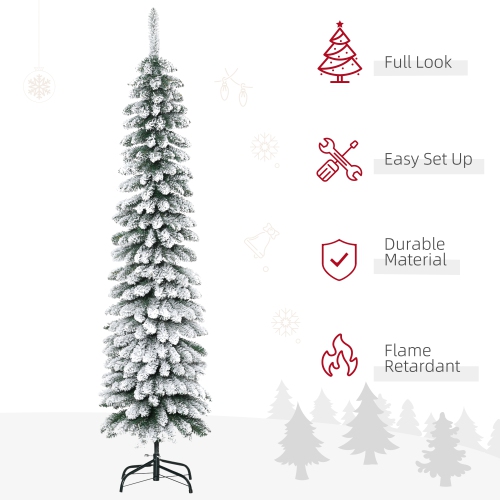 HOMCOM 6 FT Snow-Flocked Artificial Christmas Tree, Slim Pencil Xmas Tree with Realistic Branches, Metal Base, Green