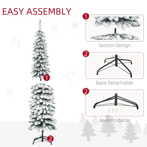 HOMCOM 6 FT Snow-Flocked Artificial Christmas Tree, Slim Pencil Xmas Tree with Realistic Branches, Metal Base, Green