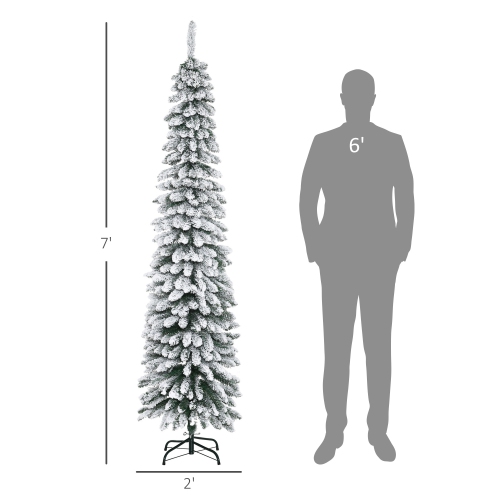 HOMCOM 7 FT Snow-Flocked Artificial Christmas Tree, Slim Pencil Xmas Tree with Realistic Branches, Metal Base, Green