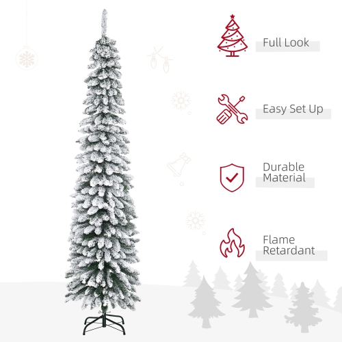 HOMCOM 7 FT Snow-Flocked Artificial Christmas Tree, Slim Pencil Xmas Tree with Realistic Branches, Metal Base, Green