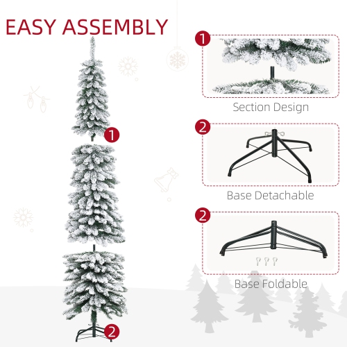 HOMCOM 7 FT Snow-Flocked Artificial Christmas Tree, Slim Pencil Xmas Tree with Realistic Branches, Metal Base, Green