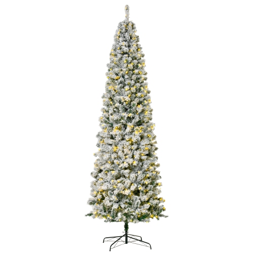 HOMCOM  9 Feet Prelit Artificial Snow Flocked Pencil Christmas Tree, Slim Xmas Tree With Warm White Led Light, Holiday Home Xmas Decoration In Green