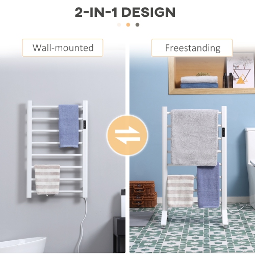 HOMCOM 8-Bar Heated Towel Warmer Rack with Built-in Timer and LED Indicators, Wall Mounted & Free Standing Carbon Steel Electric Towel Bar with