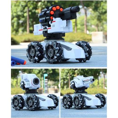 RC Tank Car, 2.4Ghz 4WD Remote Control Tank with 3 Shooting Head and 1200mAH Battery Rechargeable 360°RotatingKids 4WD Battle Stunt Car, Blow Bubble,