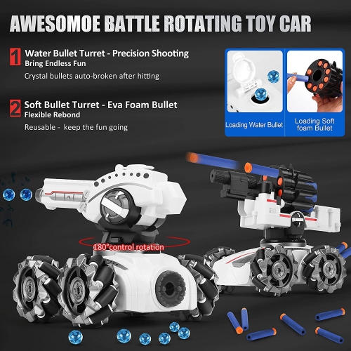 RC Tank Car, 2.4Ghz 4WD Remote Control Tank with 3 Shooting Head and 1200mAH Battery Rechargeable 360°RotatingKids 4WD Battle Stunt Car, Blow Bubble,