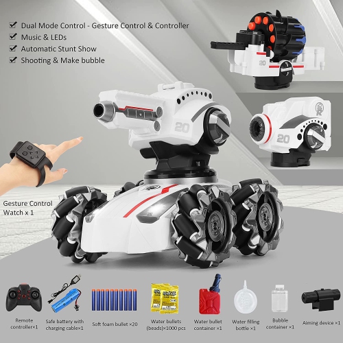 RC Tank Car, 2.4Ghz 4WD Remote Control Tank with 3 Shooting Head and 1200mAH Battery Rechargeable 360°RotatingKids 4WD Battle Stunt Car, Blow Bubble,