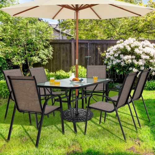 Gymax 7PCS Patio Dining Furniture Set w/ 6 Stackable Armchairs & Umbrella Hole