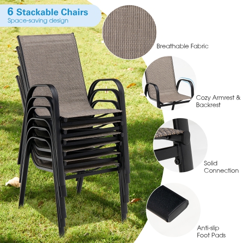 Gymax 7PCS Patio Dining Furniture Set w/ 6 Stackable Armchairs & Umbrella Hole