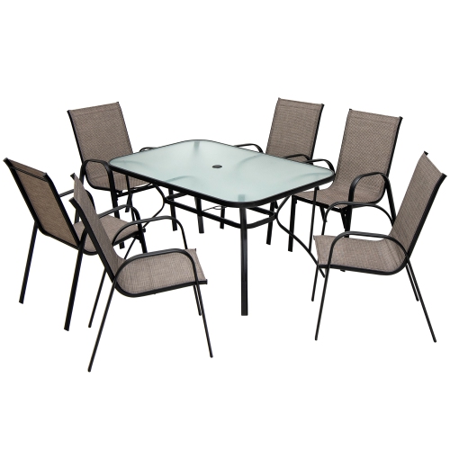 Gymax 7PCS Patio Dining Furniture Set w/ 6 Stackable Armchairs & Umbrella Hole