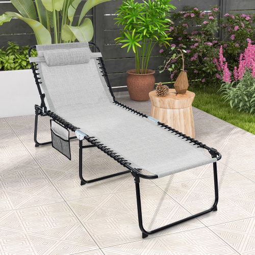 Gymax Folding Reclining Lounge Chaise 4-Position Backrest Portable Beach Chair Grey