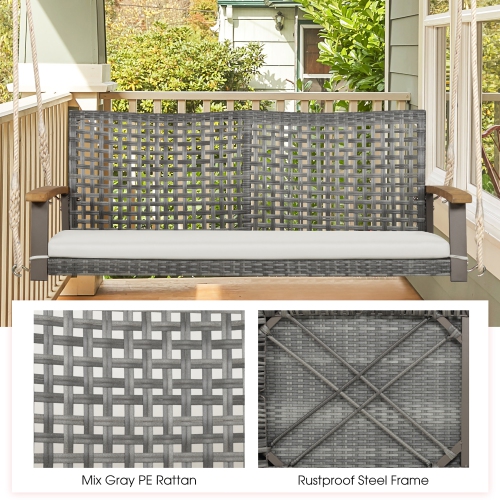 Gymax Rattan Patio Porch Swing 2-Person Cushioned Swing Chair Bench w/ Hanging Ropes