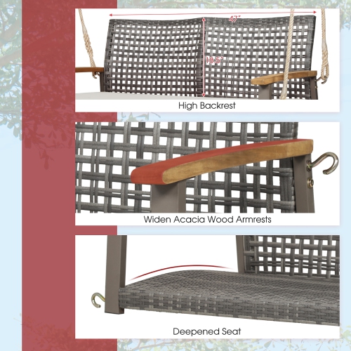 Gymax Rattan Patio Porch Swing 2-Person Cushioned Swing Chair Bench w/ Hanging Ropes