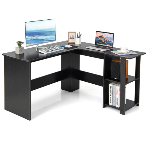 GYMAX  L-Shaped Office Computer Desk W/ Spacious Desktop & 2-Tier Open Shelves In Black