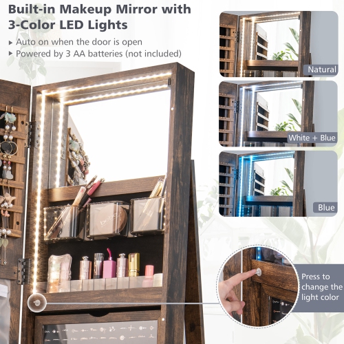 Gymax 360°Rotating Mirrored Jewelry Cabinet w/ High Mirror & Storage Shelves