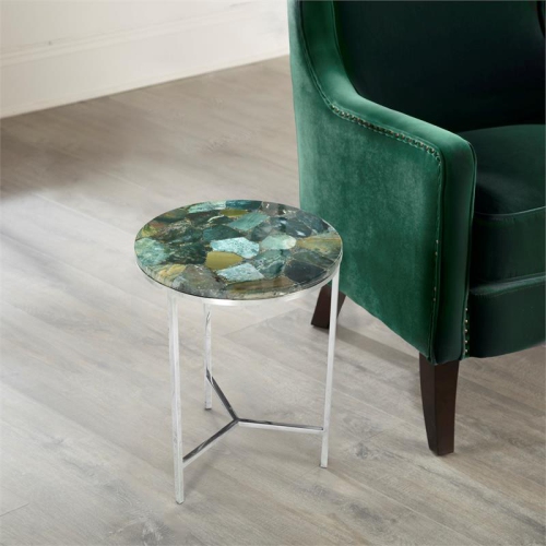 Bowery Hill Foster Round Agate Top and Nickel Base Chairside Table in Green
