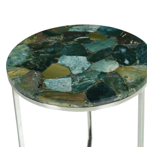 Bowery Hill Foster Round Agate Top and Nickel Base Chairside Table in Green