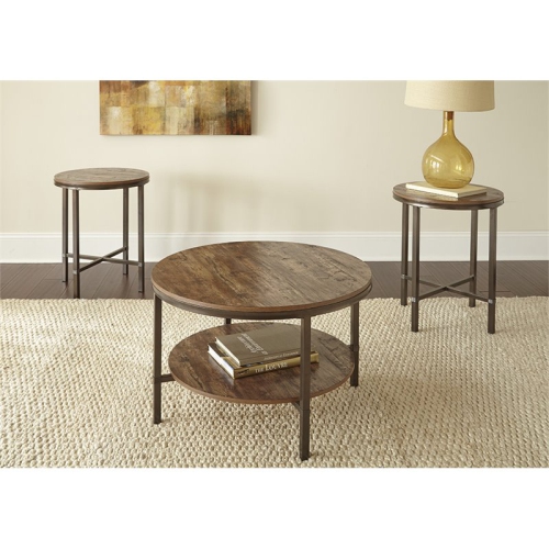 BOWERY HILL  Transitional 3-Piece Round Wood And Metal Coffee Table Set In In Brown